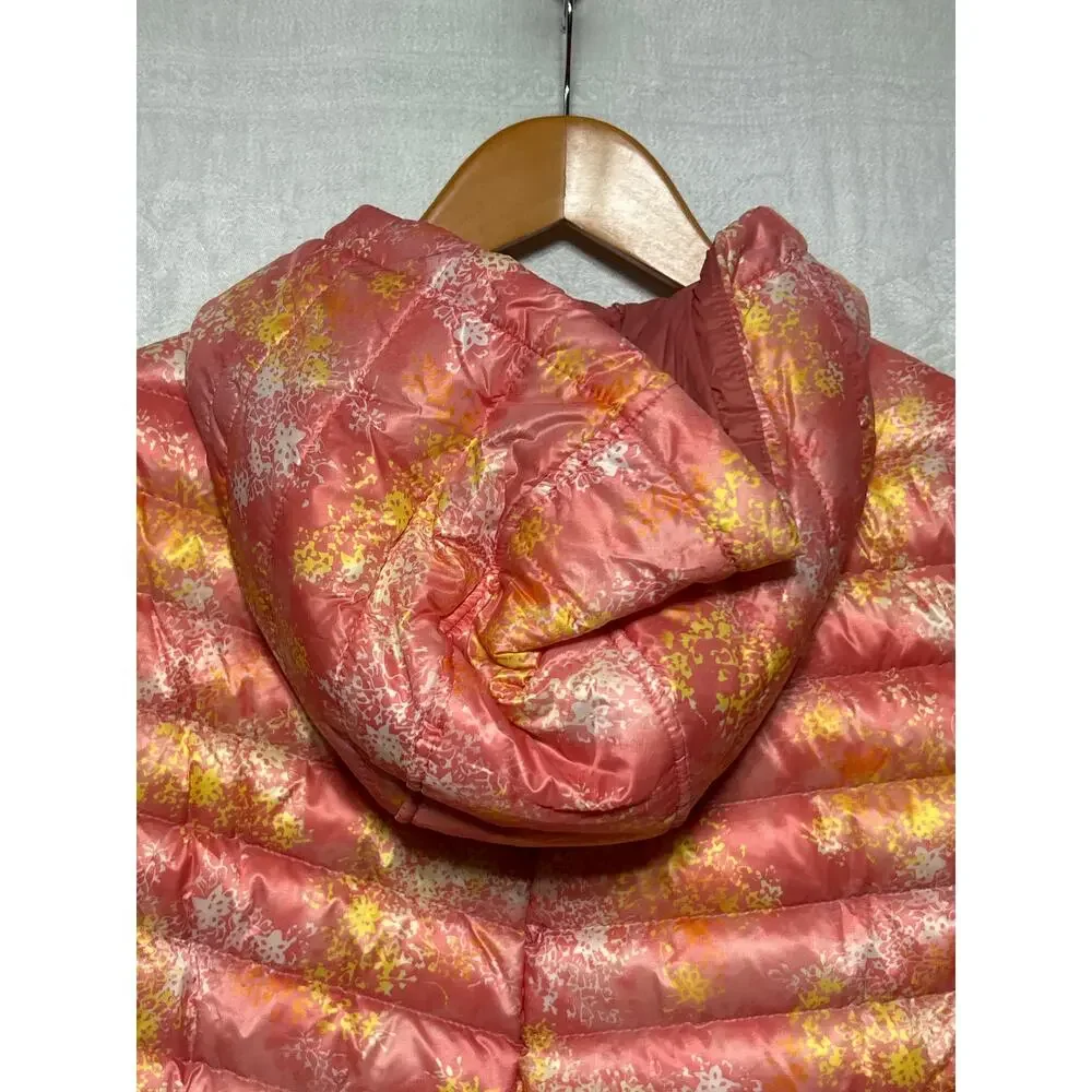 Lands End Puffer Coat Large 14 16 Down Filled Packable NEW Pink Yellow Abstract - Picture 6 of 12